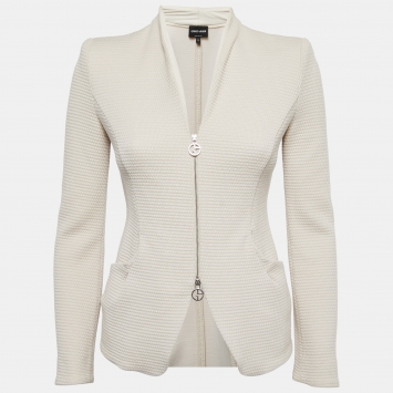 Pre Owned Giorgio Armani Cream Textured Stretch Cotton Double Zipper Jacket S