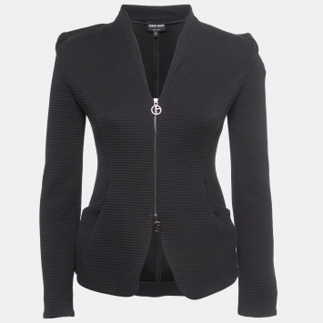 Pre Owned Giorgio Armani Black Textured Knit Double Zipper Tailored Jacket S