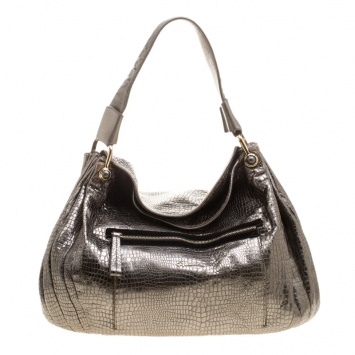 Pre Owned Giorgio Armani Metallic Silver Exotic Embossed Leather Hobo