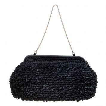 Pre Owned Giorgio Armani Black Raffle Straw Large Chain Clutch