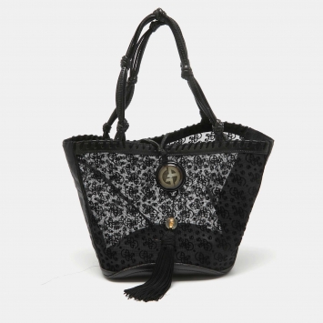 Pre Owned Giorgio Armani Black Monogram Mesh and Leather Fringe Bucket Bag 