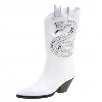 مملوكة مسبقًا Giuseppe Zanotti White Snake Embellished Leather Guns 55 Cowboy Boots Size 36
