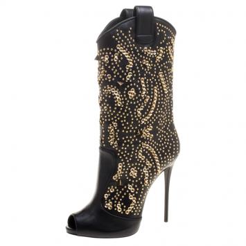 مملوكة مسبقًا Giuseppe Zanotti Black Studded Leather Coline Peep Toe Mid Calf Boots Size 39