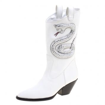 Pre Owned Giuseppe Zanotti White Snake Embellished Leather Guns 55 Cowboy Boots Size 38
