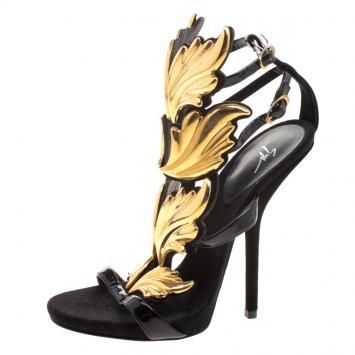 Pre Owned Giuseppe Zanotti Black Patent Leather Argent Metal Wing Embellished Strappy Sandals Size 36