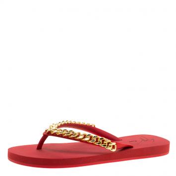 Pre Owned Giuseppe Zanotti Red Rubber Chain Detail Flip Flops Size 39