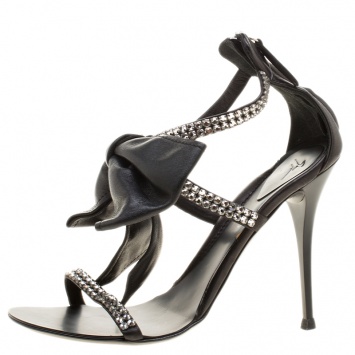 Pre Owned Giuseppe Zanotti Black Crystal Embellished Strappy Leather Bow Detail Ankle Strap Sandals Size 38.5