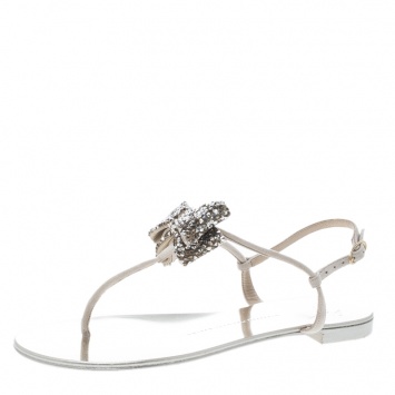 Pre Owned Giuseppe Zanotti Beige Suede Rock Crystal Embellished Bow Flat Thong Sandals Size 38.5