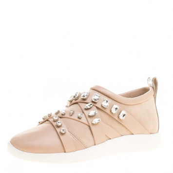 Pre Owned Giuseppe Zanotti Blush Pink Suede and Leather Christie Crystal Embellished Slip On Sneakers Size 37.5