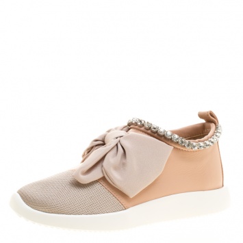 Pre Owned Giuseppe Zanotti Blush Pink Leather and Mesh Panel Bow Crystal Trim Sneakers Size 36