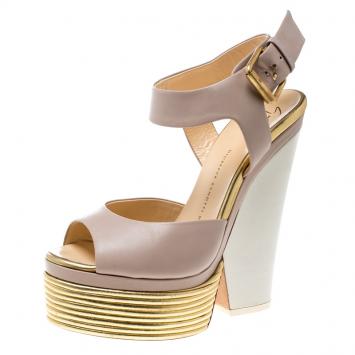 Pre Owned Giuseppe Zanotti Tricolor Leather Peep Toe Platform Ankle Strap Sandals Size 37