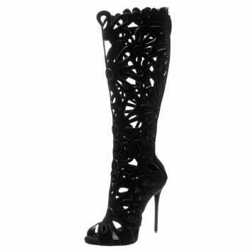 Pre Owned Giuseppe Zanotti Black Suede Floral Cut Out Knee Length Boots Size 37