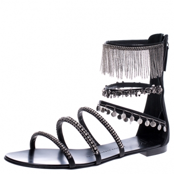 Pre Owned Giuseppe Zanotti Black Satin Embellished Strappy Flat Sandals Size 39