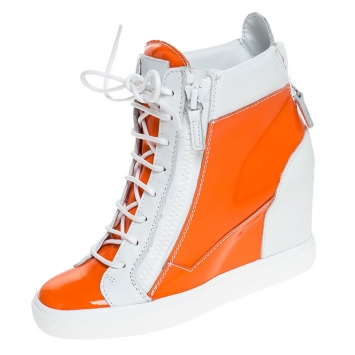 Pre Owned Giuseppe Zanotti Orange/White Leather and Patent Leather High Top Wedge Sneakers Size 39