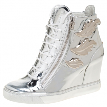 Pre Owned Giuseppe Zanotti Silver Patent Leather Lorenz High Top Wedge Sneakers Size 40