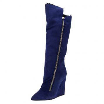 مملوكة مسبقًا Giuseppe Zanotti Blue Suede Guaz Fur Lined Wedge Knee Boots Size 40