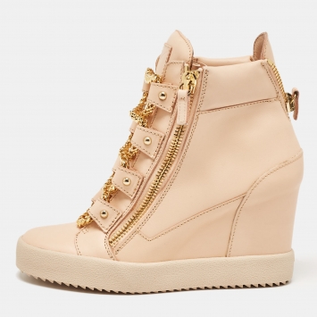 Pre Owned Giuseppe Zanotti Beige Leather Chain Detail High Top Wedge Sneakers Size 41