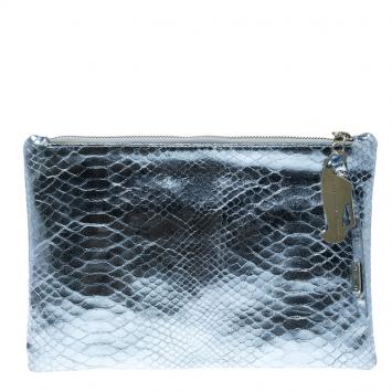 Pre Owned Giuseppe Zanotti Metallic Blue Snakeskin Embossed Leather Margery Clutch