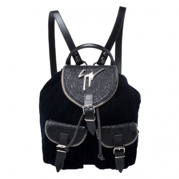 Pre Owned Giuseppe Zanotti Navy Blue Velvet and Leather Backpack