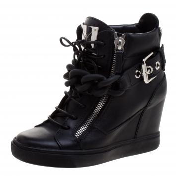 Pre Owned Giuseppe Zanotti Black Leather Lorenz Birel Wedge Sneakers Size 38