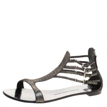 Pre Owned Giuseppe Zanotti Metallic Suede Strappy Flat Sandals Size 40
