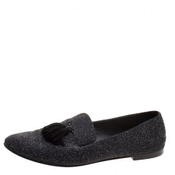 Pre Owned Giuseppe Zanotti Black Glitter Leather Tassel Smoking Slippers Size 40.5