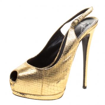 Pre Owned Giuseppe Zanotti Metallic Gold Python Embossed Leather Peep Toe Platform Slingback Sandals Size 39
