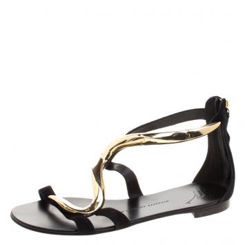 Pre Owned Giuseppe Zanotti Black Suede Swirl Flat Sandals Size 36.5