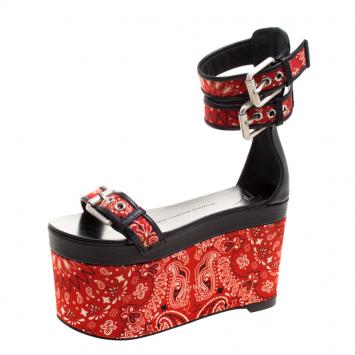 Pre Owned Giuseppe Zanotti Red Floral Printed Satin And Leather Ankle Strap Platform Sandals Size 36