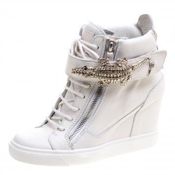 Pre Owned Guiseppe Zanotti Off White Leather Gator Detail High Top Wedge Sneakers Size 39 