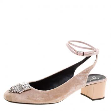 Pre Owned Giuseppe Zanotti Blush Pink Velvet Crystal Embellished Slingback Sandals Size 40