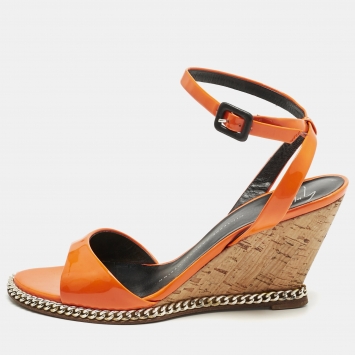 Pre Owned Giuseppe Zanotti Orange Patent Leather Ankle-Strap Chain Wedge Sandals Size 37 