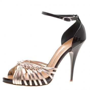 Pre Owned Giuseppe Zanotti Black and Gold Knotted Leather Ankle Strap Sandals Size 39