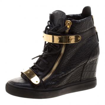 Pre Owned Giuseppe Zanotti Black Croc Embossed Leather Lorenz Wedge Sneakers Size 40