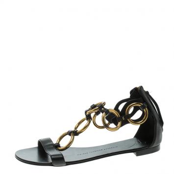 Pre Owned Giuseppe Zanotti Black Leather Gold Ring T Strap Flat Sandals Size 37