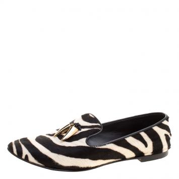 Pre Owned Giuseppe Zanotti Zebra Print Pony Hair Shark Tooth Embellished Smoking Slippers Size 41