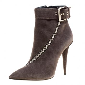 Pre Owned Giuseppe Zanotti Dark Grey Suede Asymmetrical Zip Ankle Boots Size 36.5