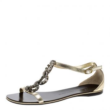 Pre Owned Giuseppe Zanotti Gold Leather Crystal Embellished Flat Sandals Size 36.5