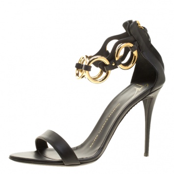 Pre Owned Giuseppe Zanotti Black Leather Ring Detail Open Toe Sandals Size 38