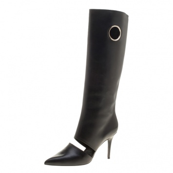 مملوكة مسبقًا Salvatore Ferragamo Black Cutout Leather Eyelet Knee Boots Size 41.5