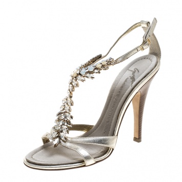 Pre Owned Giuseppe Zanotti Metallic Light Gold Leather Crystal Embellished Sandals Size 37