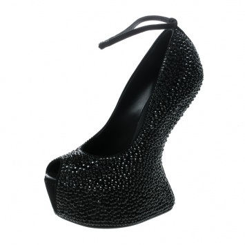 Pre Owned Giuseppe Zanotti Black Suede Swarovski Crystal Embellished Slingback Heel Less Platform Sandals Size 37.5