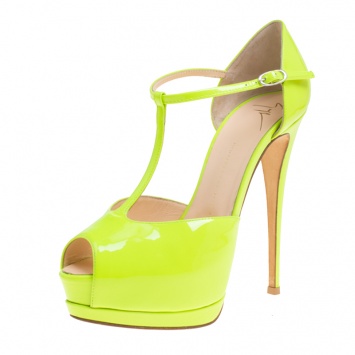 Pre Owned Giuseppe Zanotti Neon Green Patent Leather T-Strap Platform Peep Toe Sandals Size 38