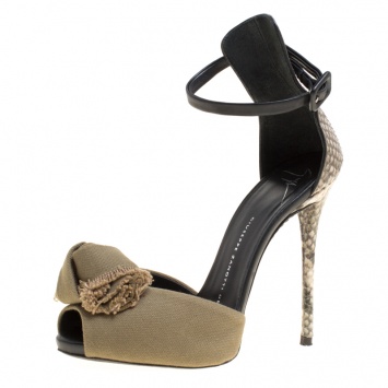 مملوكة مسبقًا Giuseppe Zanotti Khaki/Beige Python and Canvas Bow Ankle Strap Sandals Size 36