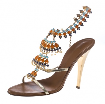 Pre Owned Giuseppe Zanotti Gold Leather and Enamel Embellished Ankle Strap Sandals Size 39