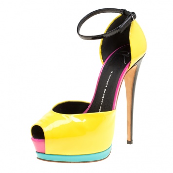 Pre Owned Giuseppe Zanotti Yellow/Black Patent Leather Peep Toe Platform Sandals Size 37