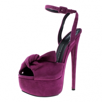 مملوكة مسبقًا Giuseppe Zanotti Fuchsia Pink Suede Bow Ankle Strap Platform Sandals Size 39.5