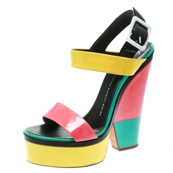 Pre Owned Giuseppe Zanotti Multicolor Colorblock Patent Leather Platform Ankle Strap Sandals Size 40