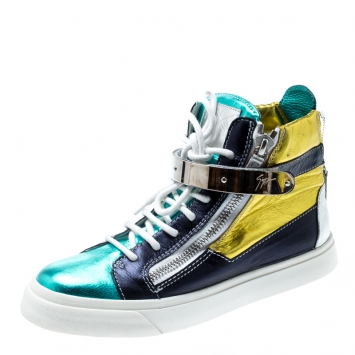 Pre Owned Giuseppe Zanotti Multicolor Metallic Leather High Top Sneakers Size 38.5