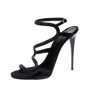 Pre Owned Giuseppe Zanotti Black Satin Embellished Strappy Sandals Size 38